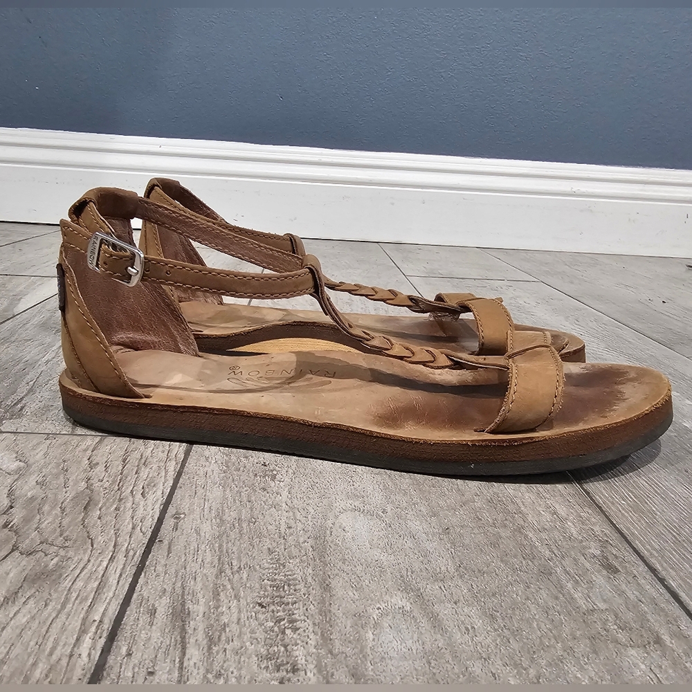 RAINBOW Women Califia Tan Leather T-Strap Ankle Strap Flat Sandals 10M - Picture 3 of 6